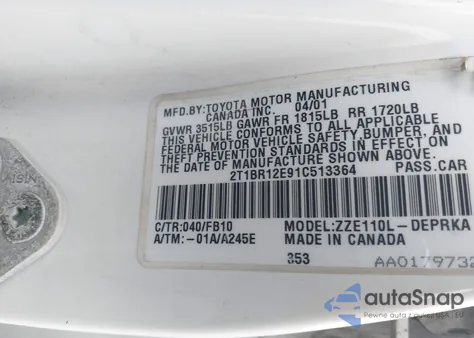 2001 Toyota Corolla Ce from USA, damaged, VIN 2T1BR12E91C513364